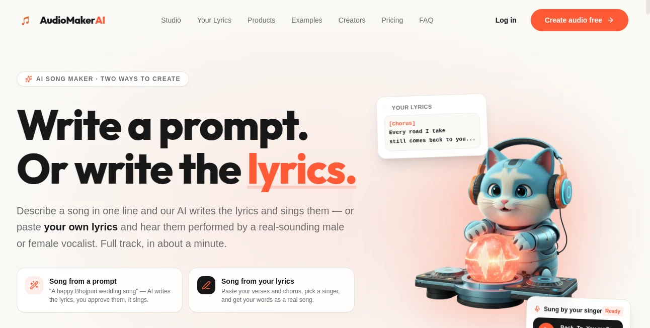 Screenshot of AudioMakerAI – An AI tool in the ,AI Text to Music ,AI Music Generator ,AI Voice & Audio Editing  category, showcasing its interface and key features.