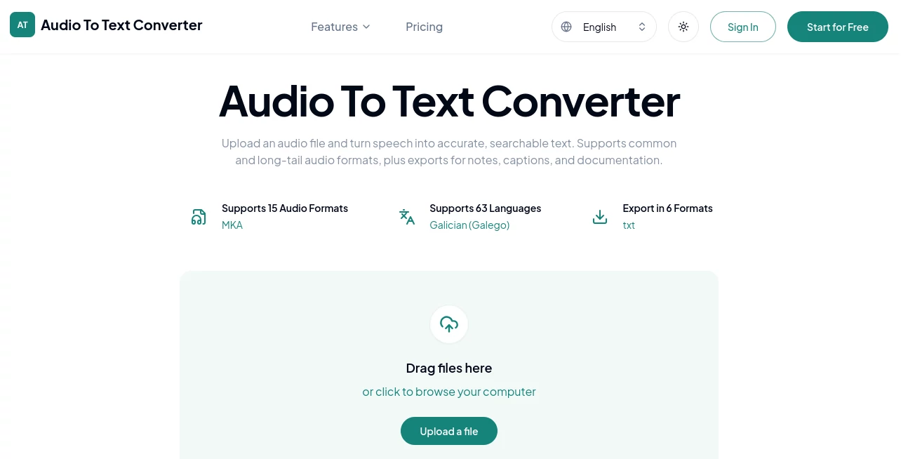 Screenshot of Audio To Text Converter – An AI tool in the ,AI Speech Recognition ,AI Productivity Tools ,AI Transcription ,AI Speech to Text  category, showcasing its interface and key features.