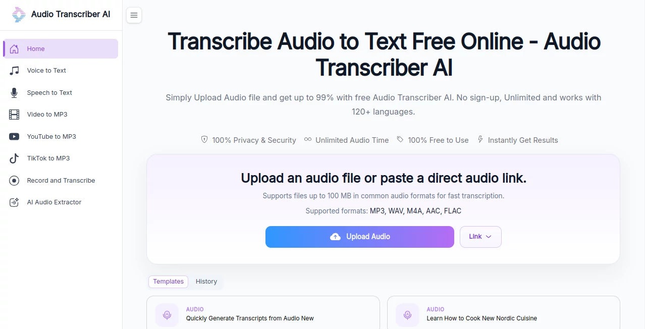 Screenshot of Audio Transcriber AI – An AI tool in the ,AI Transcription ,AI Speech to Text ,AI Notes Assistant ,AI Documents Assistant  category, showcasing its interface and key features.