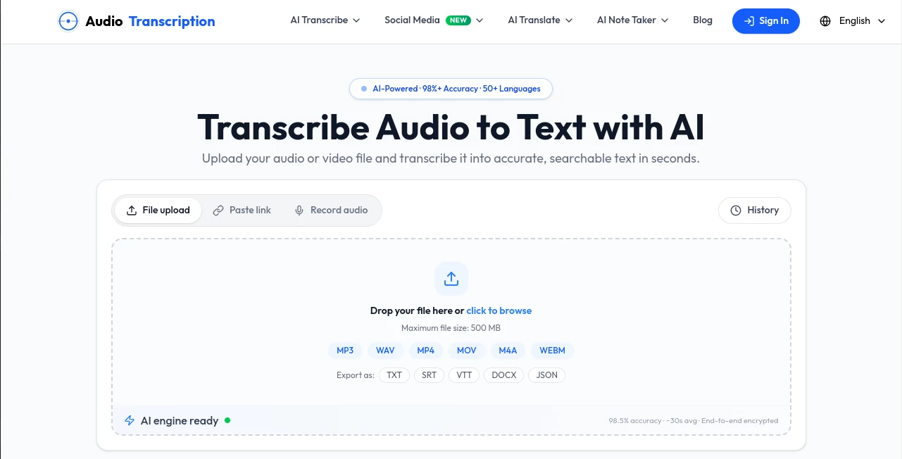 Screenshot of Audio Transcription – An AI tool in the ,AI Transcriber ,AI Transcription ,AI Speech to Text ,AI Captions or Subtitle  category, showcasing its interface and key features.