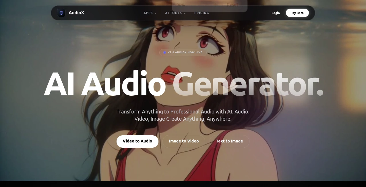 Screenshot of AudioX – An AI tool in the ,AI Audio Enhancer ,AI Music Generator ,AI Voice Cloning ,AI Text to Music  category, showcasing its interface and key features.