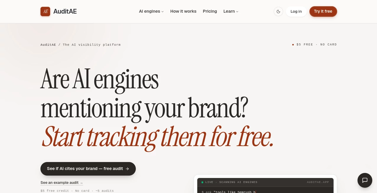 Screenshot of AuditAE – An AI tool in the ,AI Research Tool ,AI Analytics Assistant ,AI SEO Assistant ,AI Marketing Plan Generator  category, showcasing its interface and key features.