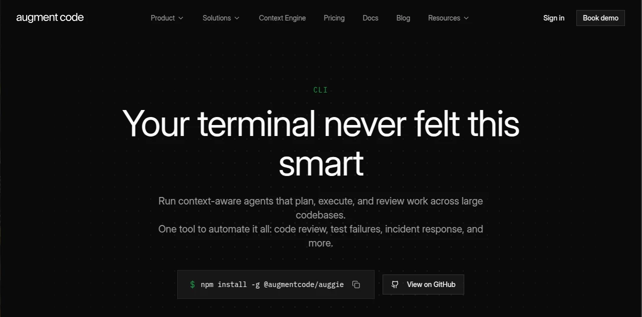 Screenshot of Auggie CLI – An AI tool in the ,AI Testing & QA ,AI Code Assistant ,AI Developer Tools ,AI DevOps Assistant  category, showcasing its interface and key features.