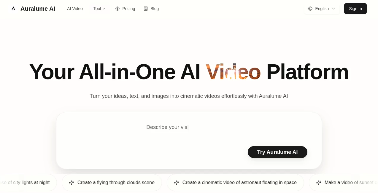 Screenshot of Auralume AI – An AI tool in the ,AI Animated Video ,AI Image to Video ,AI Video Generator ,AI Text to Video  category, showcasing its interface and key features.