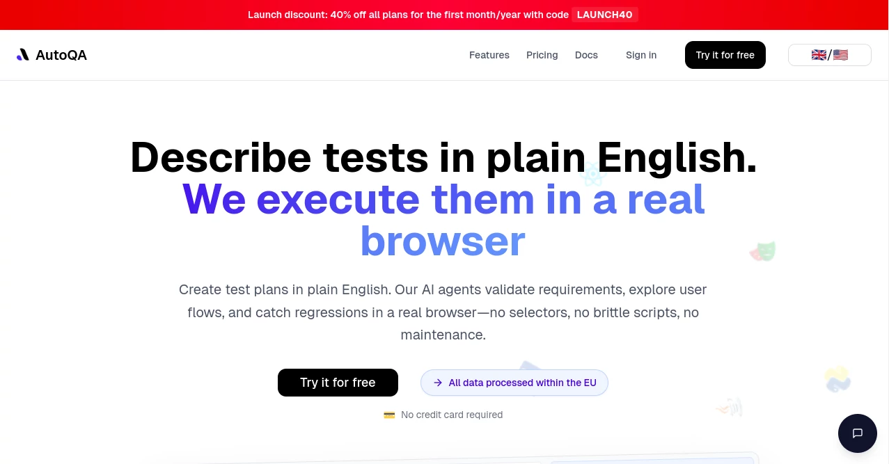 Screenshot of AutoQA – An AI tool in the ,AI Code Refactoring ,AI Testing & QA ,AI Code Explanation ,AI Developer Tools  category, showcasing its interface and key features.