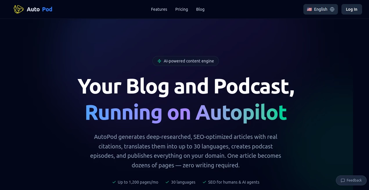 Screenshot of AutoPod – An AI tool in the ,AI Animated Video ,AI Video Generator ,AI Video Editor ,AI Productivity Tools  category, showcasing its interface and key features.