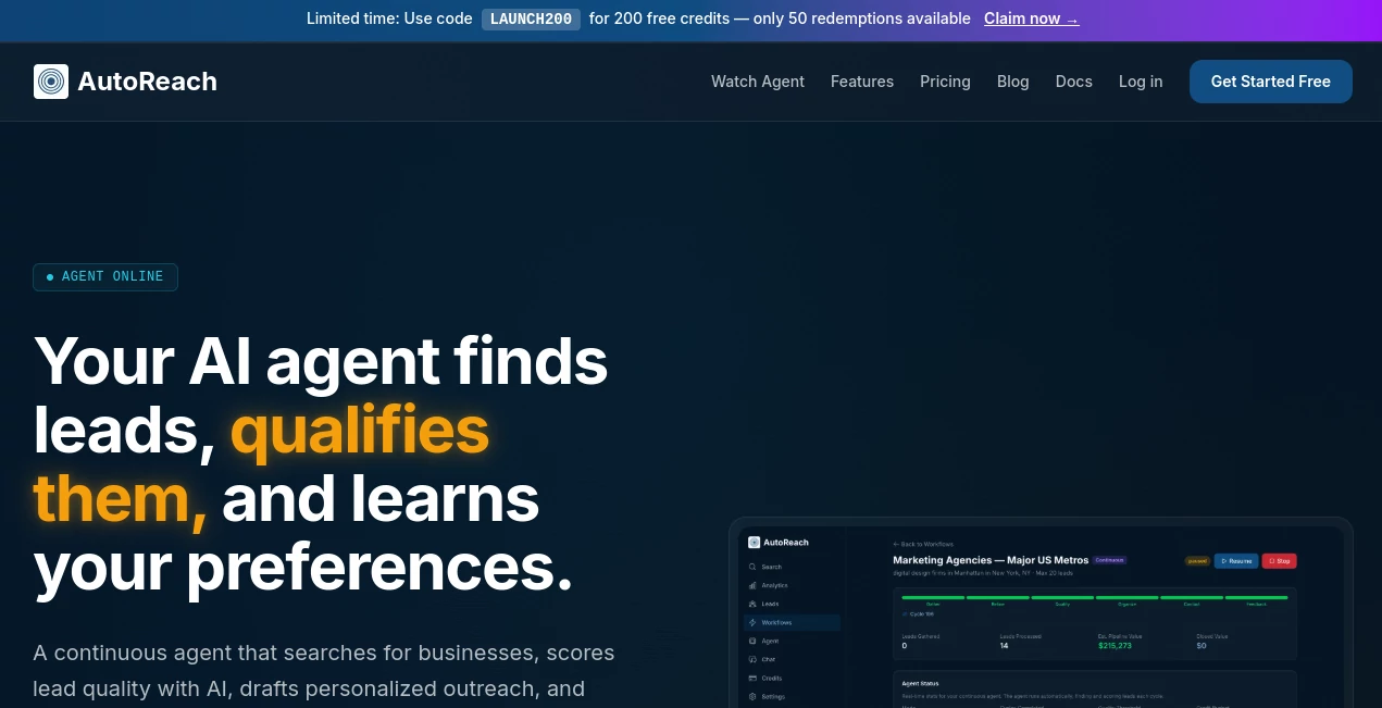 Screenshot of AutoReach – An AI tool in the ,AI Sales Assistant ,AI CRM Assistant ,AI Email Marketing ,AI Lead Generation  category, showcasing its interface and key features.