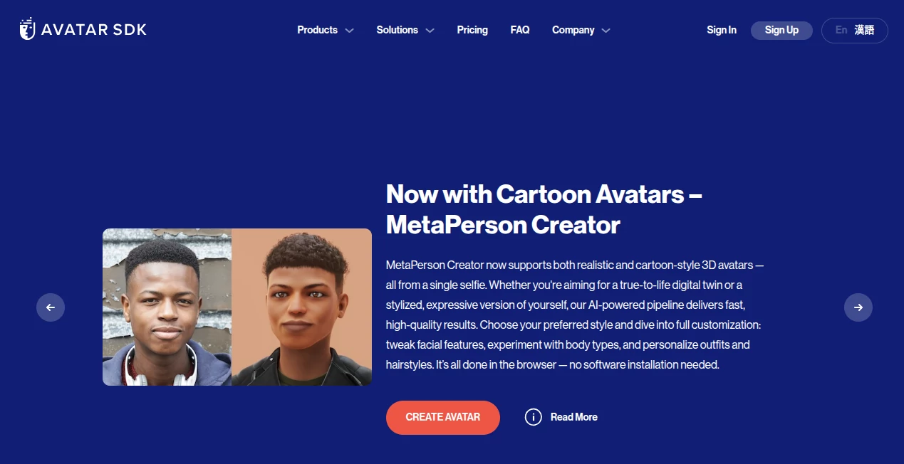 Screenshot of Avatar SDK – An AI tool in the ,AI Avatar Generator ,AI Developer Tools ,AI 3D Model Generator ,AI Image to 3D Model  category, showcasing its interface and key features.