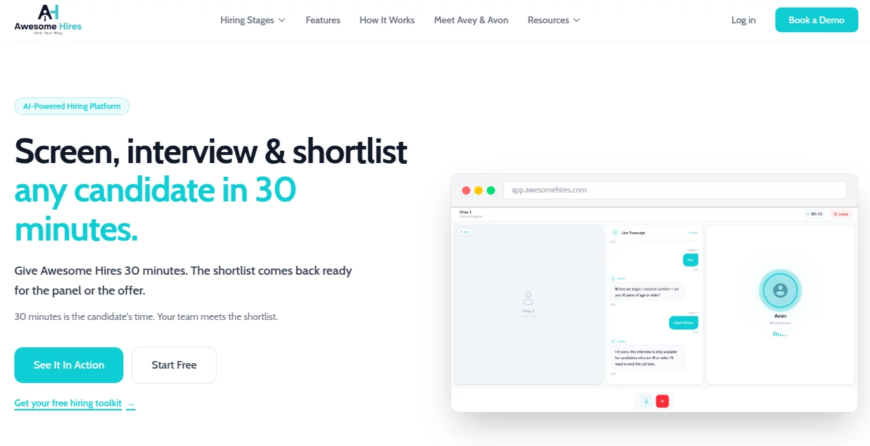 Screenshot of Awesome Hires – An AI tool in the ,AI Interview Assistant ,AI Recruiting ,AI Workflow Management  category, showcasing its interface and key features.