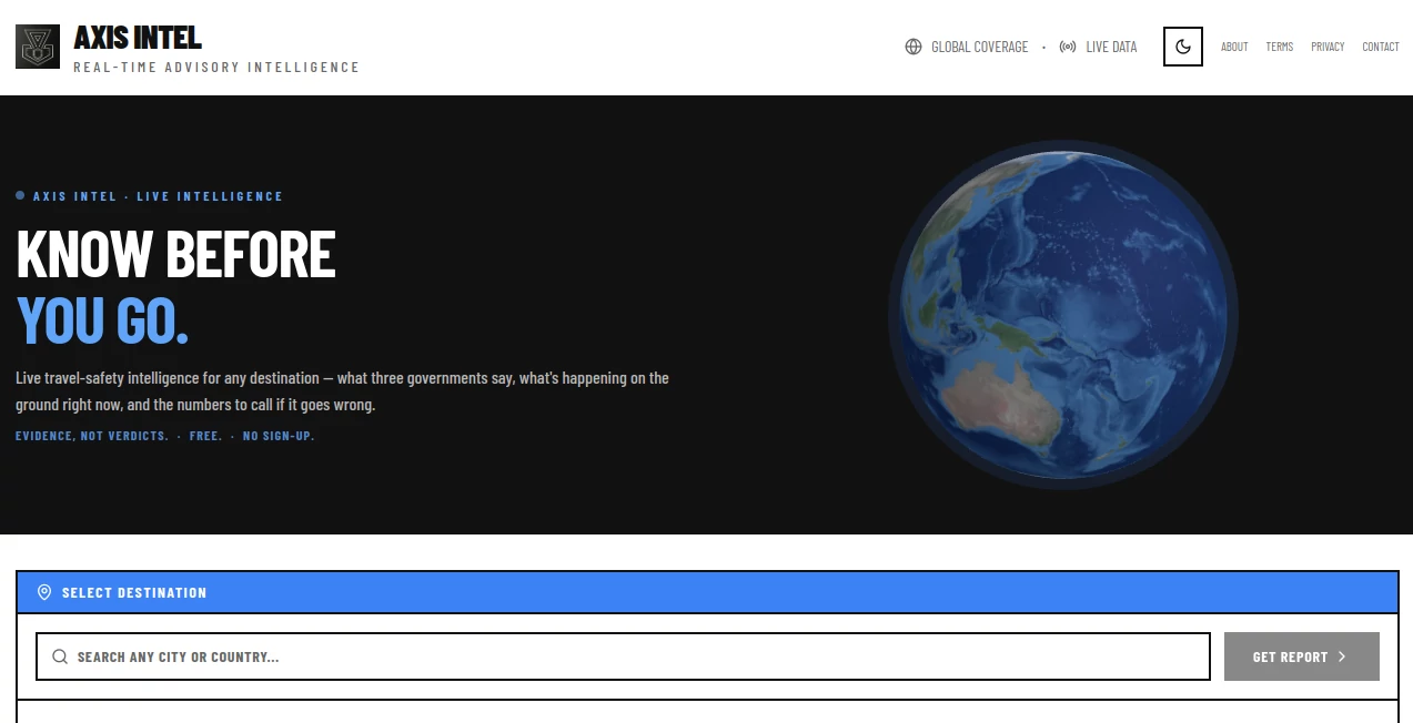 Screenshot of Axis Intel – An AI tool in the ,AI Life Assistant ,AI Research Tool ,AI Analytics Assistant ,AI Trip Planner  category, showcasing its interface and key features.