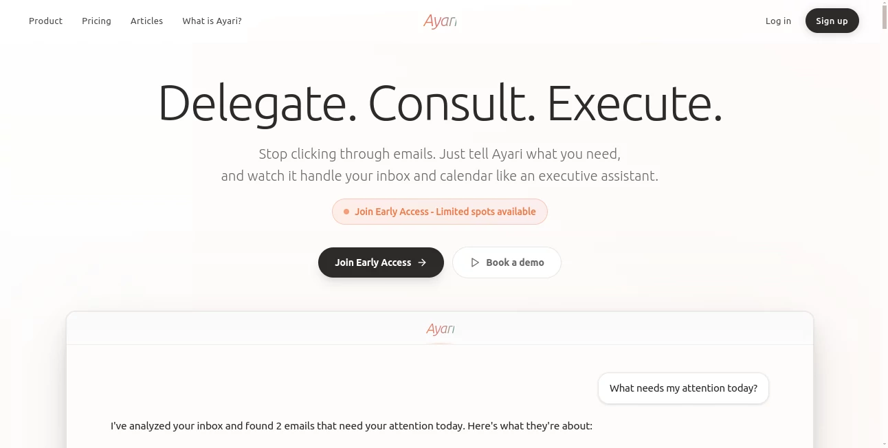 Screenshot of Ayari – An AI tool in the ,AI Email Assistant ,AI Productivity Tools ,AI Task Management ,AI Scheduling  category, showcasing its interface and key features.