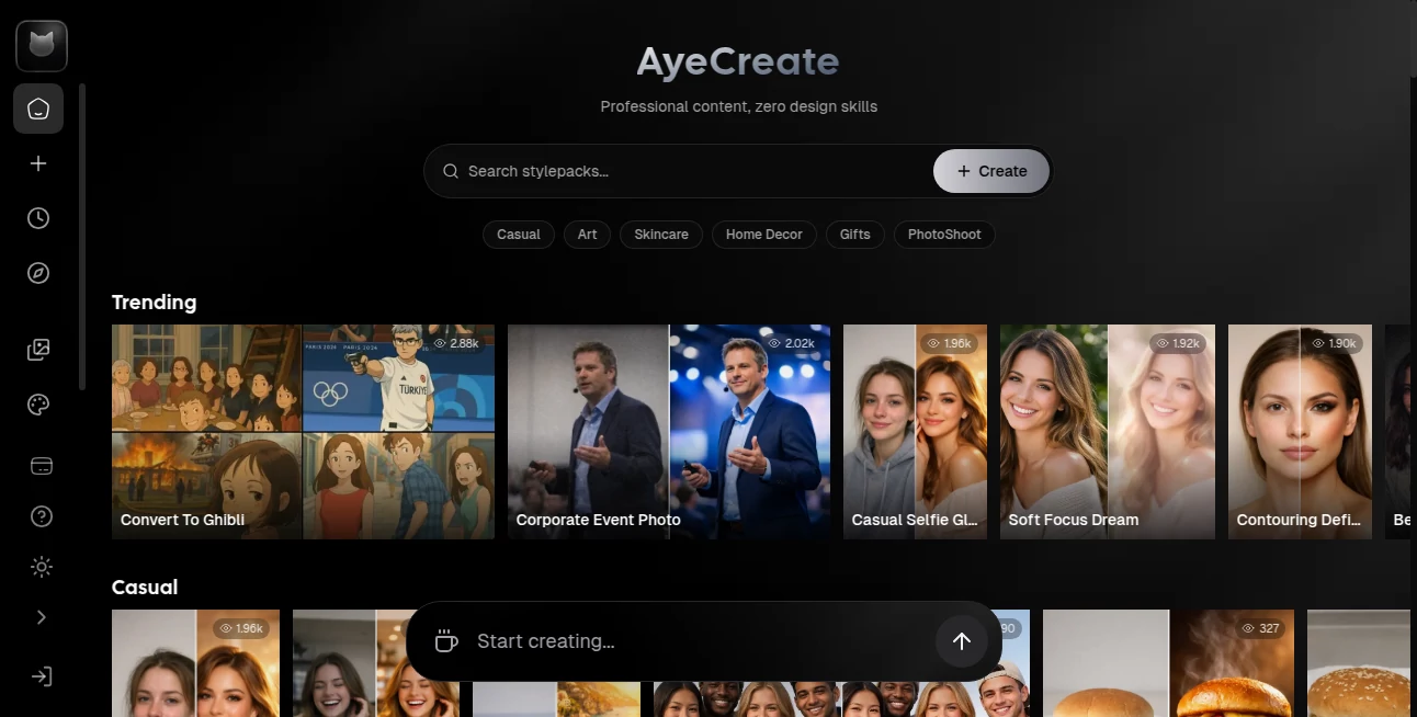 Screenshot of AyeCreate – An AI tool in the ,Photo & Image Editor ,AI Image to Image ,AI Art Generator ,AI Design Generator  category, showcasing its interface and key features.