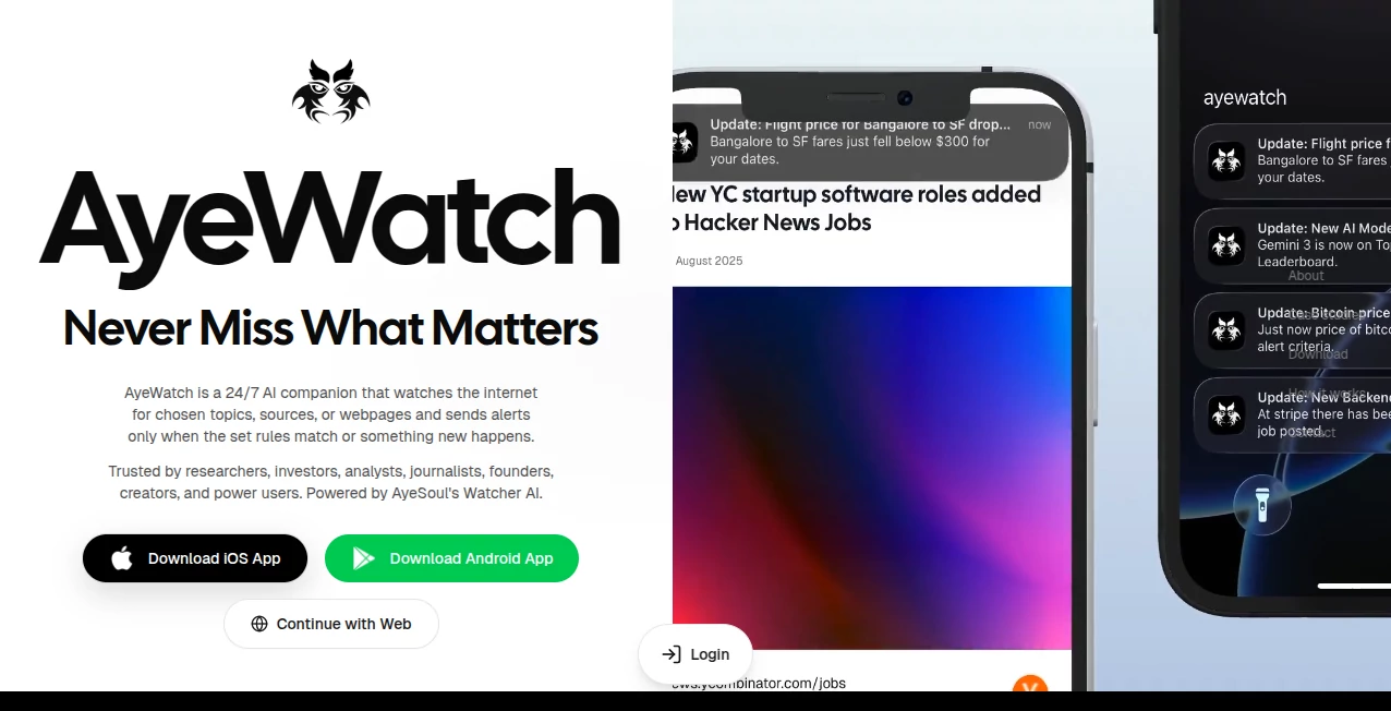 Screenshot of AyeWatch AI – An AI tool in the ,AI Search Engine ,AI Web Scraping ,AI Research Tool ,AI Analytics Assistant category, showcasing its interface and key features.