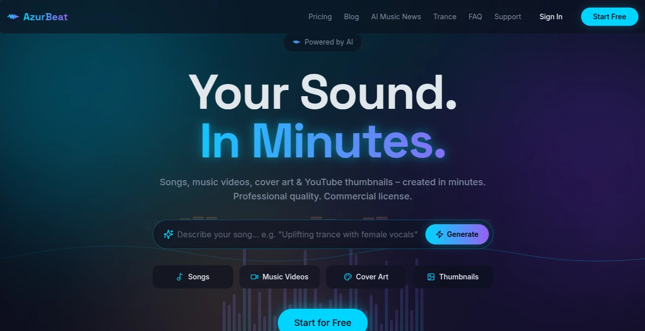 Screenshot of AzurBeat – An AI tool in the ,AI Text to Music ,AI Audio Enhancer ,AI Music Generator ,AI Voice & Audio Editing  category, showcasing its interface and key features.