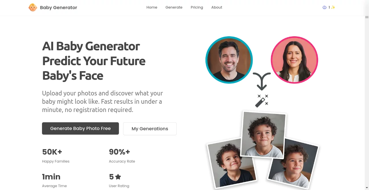Screenshot of Baby Generator – An AI tool in the ,AI Photo & Image Generator ,AI Fun Tools ,Photo & Image Editor ,AI Image to Image  category, showcasing its interface and key features.