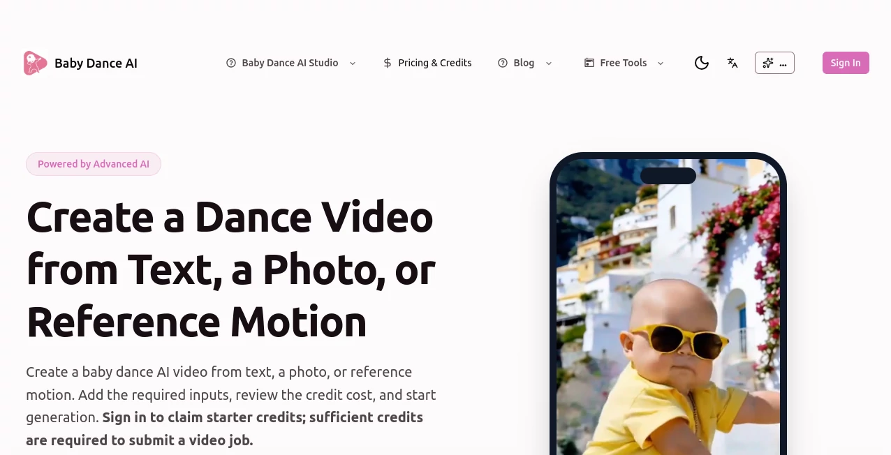 Screenshot of Baby Dance AI – An AI tool in the ,AI Animated Video ,AI Image to Video ,AI Video Editor ,AI Video Generator  category, showcasing its interface and key features.