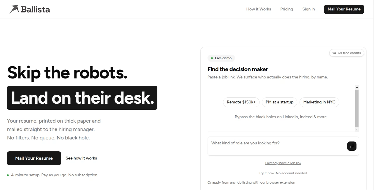 Screenshot of Ballista – An AI tool in the ,AI Recruiting ,AI Resume Builder ,AI Cover Letter Generator  category, showcasing its interface and key features.