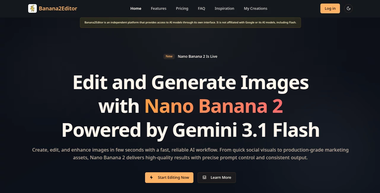 Screenshot of Banana 2 Editor – An AI tool in the ,AI Animated Video ,AI Video Generator ,AI Video Editor ,AI Short Clips Generator  category, showcasing its interface and key features.