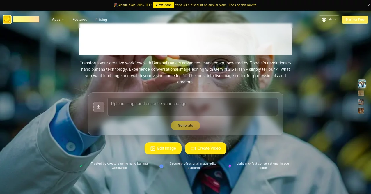 Screenshot of BananaFrame – An AI tool in the ,AI Photo & Image Generator ,Photo & Image Editor ,AI Video Generator ,AI Image to Image  category, showcasing its interface and key features.