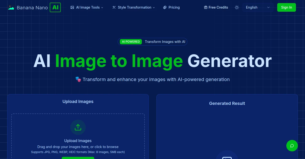 Screenshot of AI Image to Image Generator – An AI tool in the ,Photo & Image Editor ,AI Art Generator ,AI Design Generator ,AI Image to Image  category, showcasing its interface and key features.