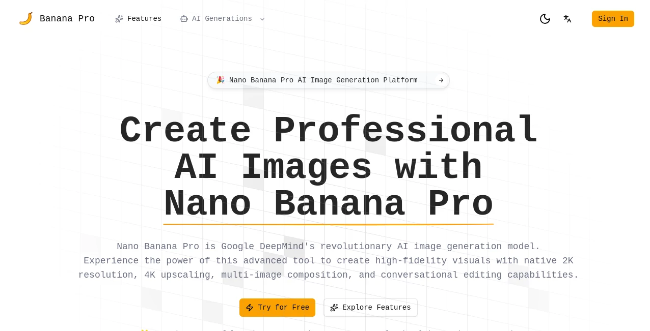 Screenshot of Banana Pro – An AI tool in the ,Photo & Image Editor ,AI Art Generator ,AI Design Generator  category, showcasing its interface and key features.