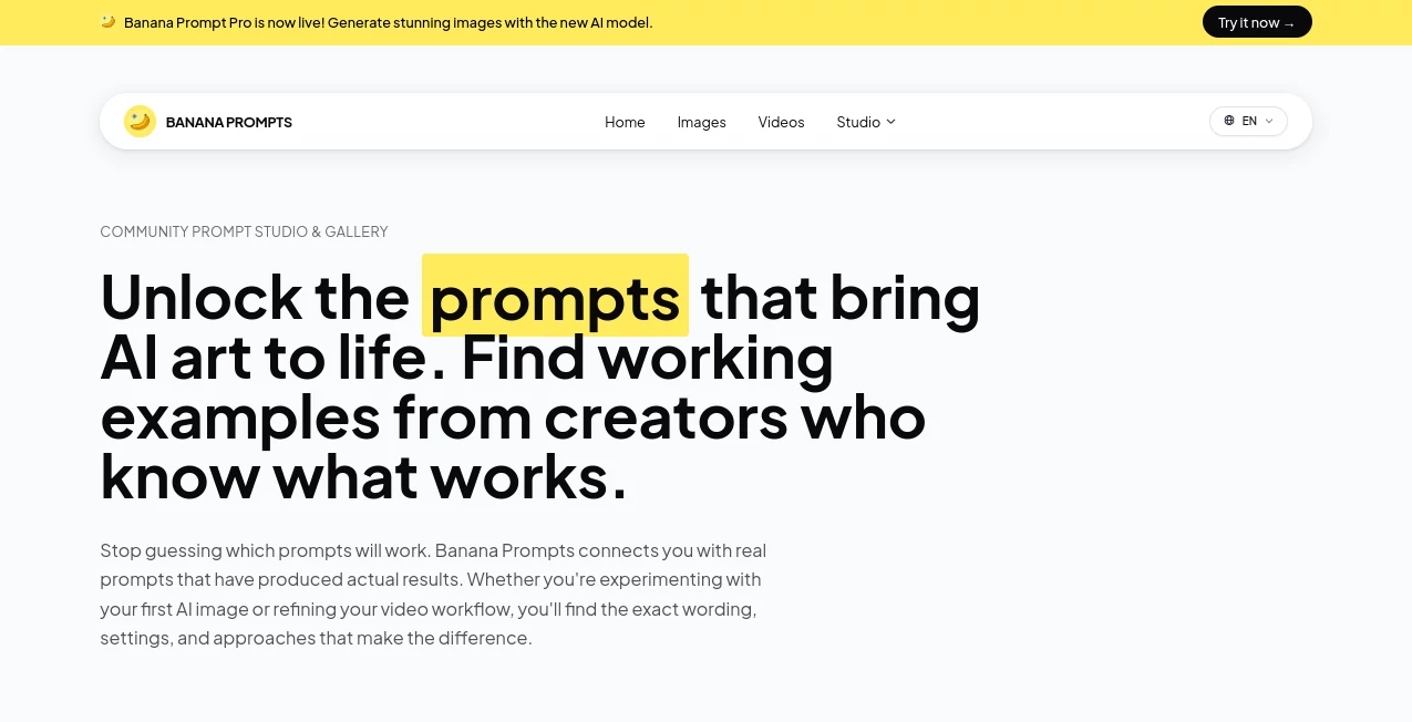 Screenshot of BANANA PROMPTS – An AI tool in the ,AI Creative Writing ,AI Text to Image ,AI Art Generator ,AI Design Generator  category, showcasing its interface and key features.