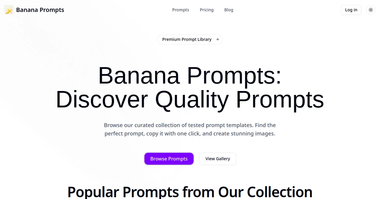 Screenshot of Banana Prompts – An AI tool in the ,AI Photo & Image Generator ,AI Art Generator ,Large Language Models (LLMs) ,AI Text to Image  category, showcasing its interface and key features.