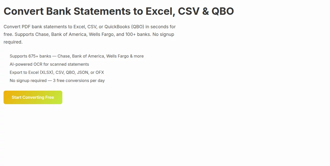 Screenshot of bank-statementconverter – An AI tool in the ,AI PDF ,AI Productivity Tools ,AI Document Extraction ,AI Files Assistant  category, showcasing its interface and key features.