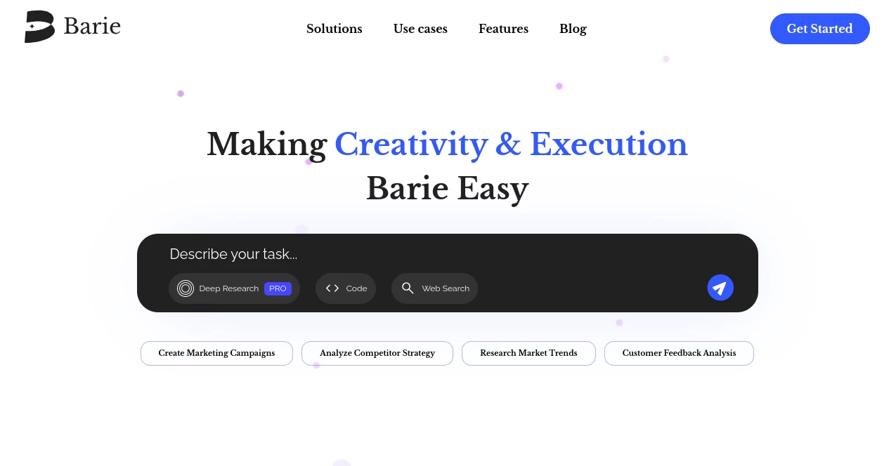 Screenshot of Barie AI – An AI tool in the ,AI Project Management ,AI Research Tool ,AI Business Ideas Generator ,AI Marketing Plan Generator  category, showcasing its interface and key features.