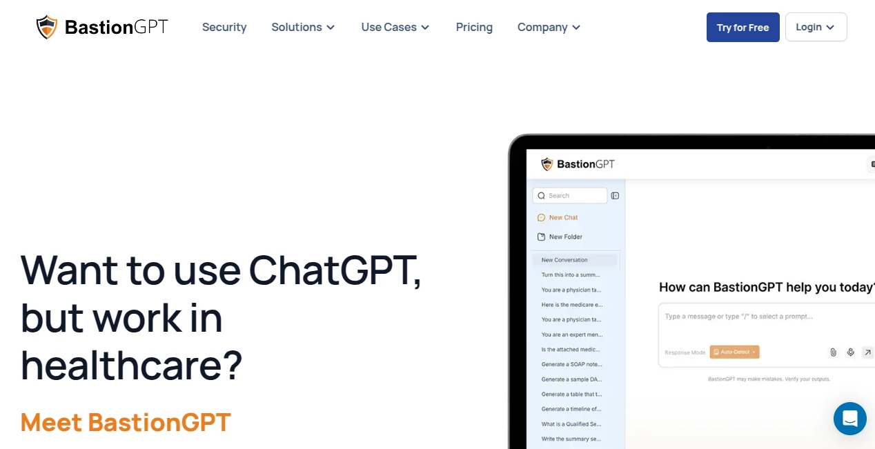 Screenshot of BastionGPT – An AI tool in the ,AI Transcription ,AI Healthcare ,AI Meeting Assistant ,AI Documents Assistant  category, showcasing its interface and key features.