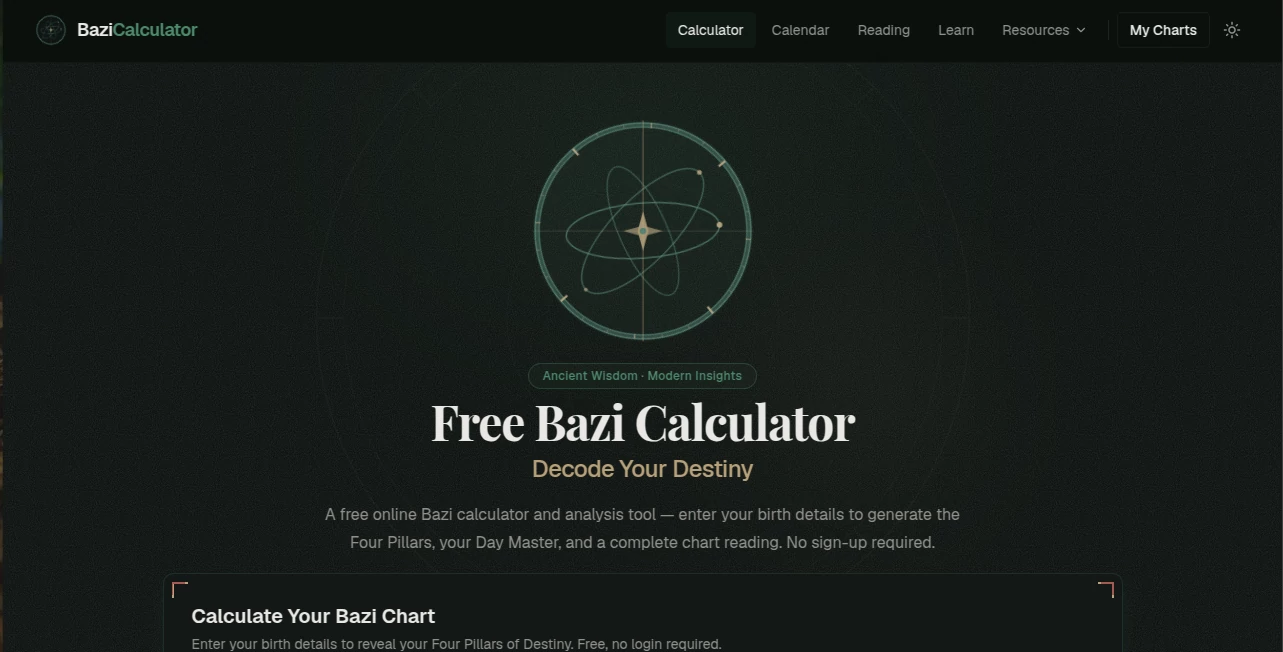 Screenshot of BaziCalculator – An AI tool in the ,AI Life Assistant ,AI Fun Tools  category, showcasing its interface and key features.