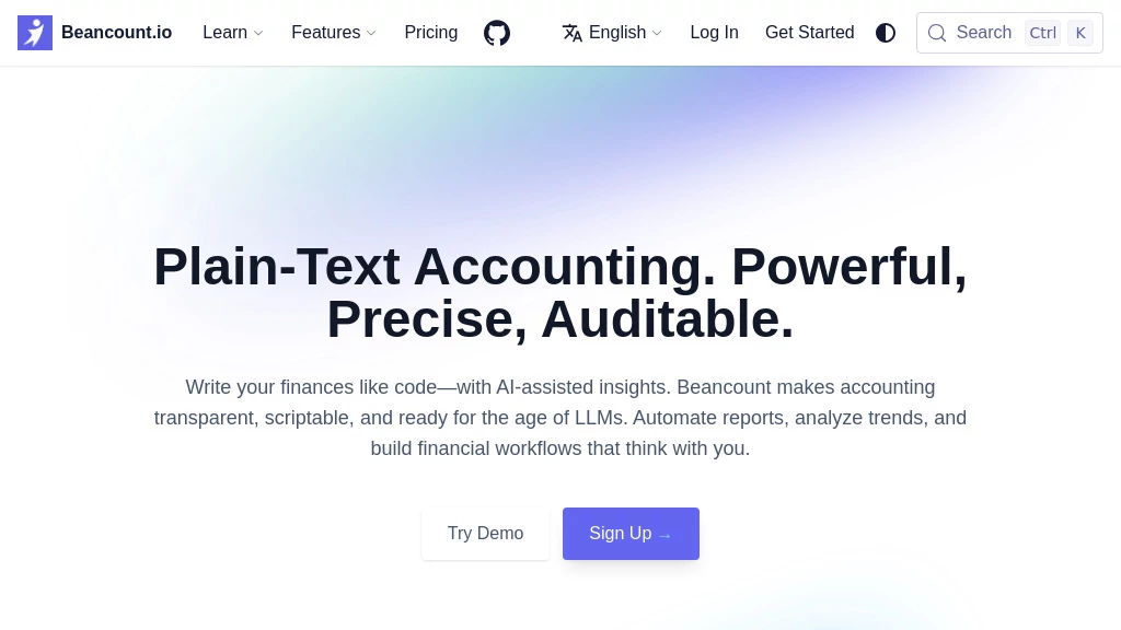 Screenshot of Beancount.io – An AI tool in the ,AI Workflow Management ,AI Documents Assistant ,AI Productivity Tools ,AI Developer Docs  category, showcasing its interface and key features.