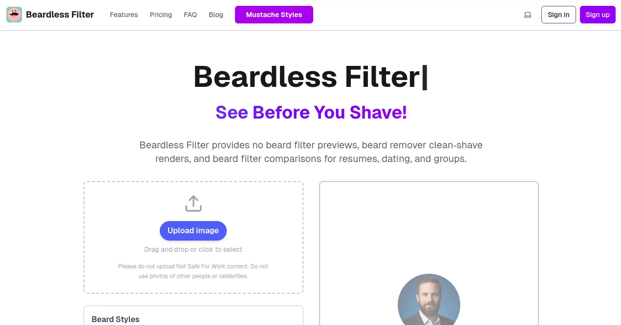 Screenshot of Beardless Filter – An AI tool in the ,AI Avatar Generator ,Photo & Image Editor ,AI Photo Enhancer ,AI Design Generator  category, showcasing its interface and key features.