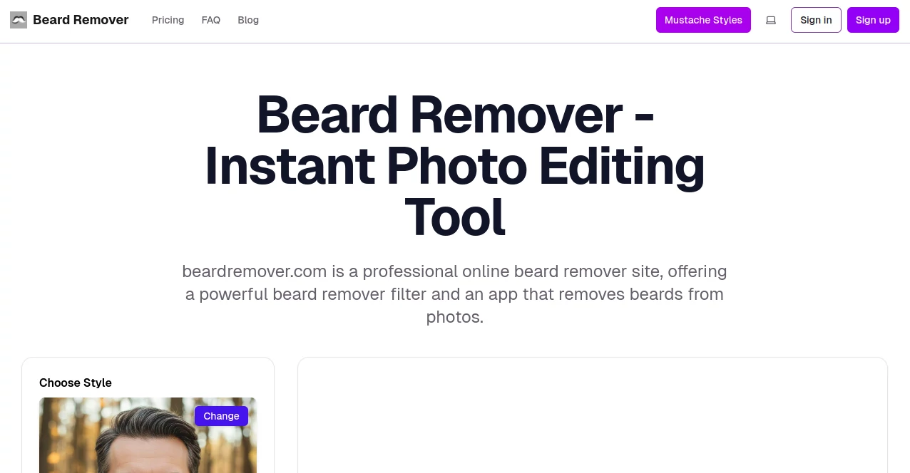 Screenshot of Beard Remover – An AI tool in the ,Photo & Image Editor ,AI Photo Enhancer ,AI Background Remover ,AI Image to Image  category, showcasing its interface and key features.