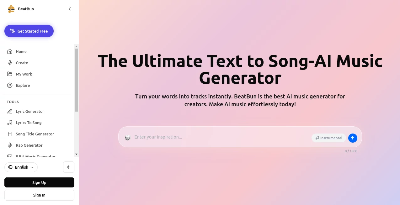 Screenshot of BeatBun – An AI tool in the ,AI Music Generator ,AI Voice & Audio Editing ,AI Text to Music  category, showcasing its interface and key features.