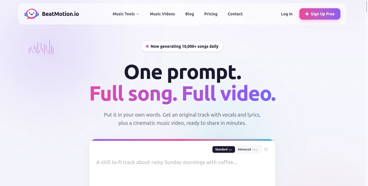 Screenshot of BeatMotion.io – An AI tool in the ,AI Text to Music ,AI Music Video Generator ,AI Music Generator  category, showcasing its interface and key features.