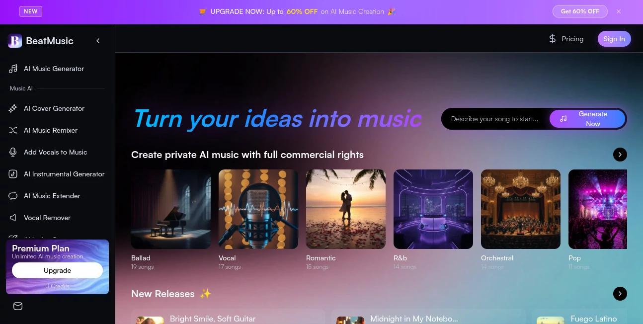 Screenshot of BeatMusic – An AI tool in the ,AI Video Generator ,AI Music Generator ,AI Voice & Audio Editing ,AI Text to Music  category, showcasing its interface and key features.