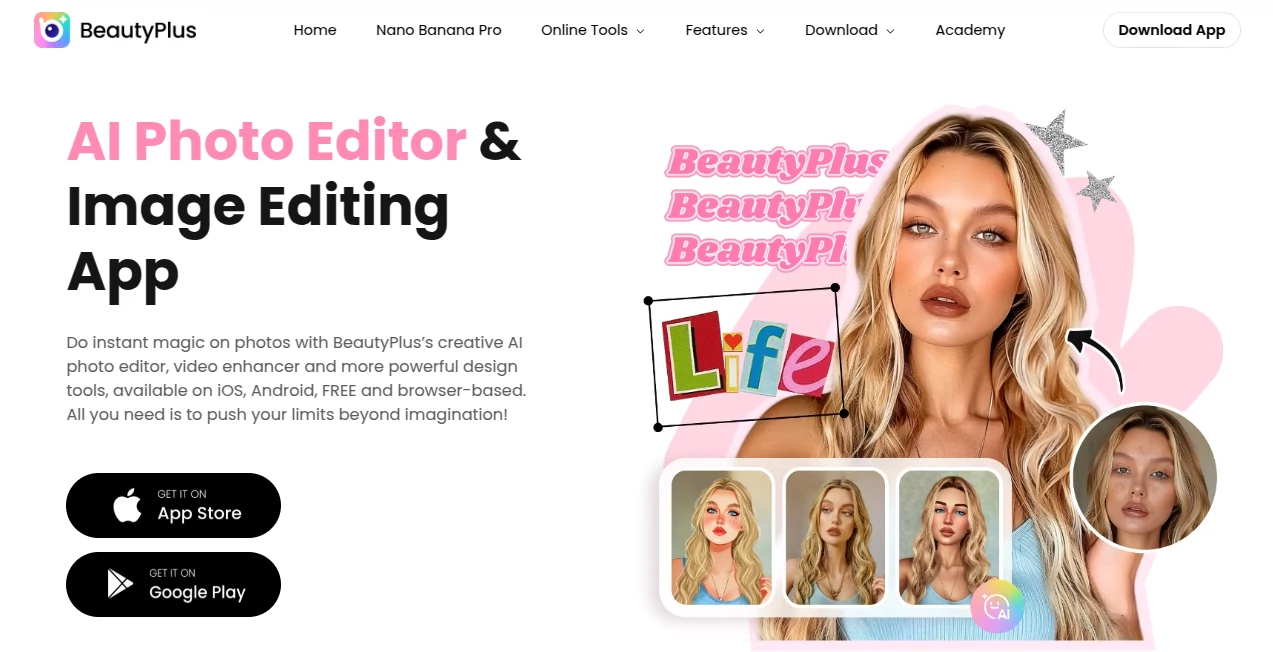 Screenshot of BeautyPlus – An AI tool in the ,AI Photo & Image Generator ,Photo & Image Editor ,AI Graphic Design ,AI Image to Image  category, showcasing its interface and key features.