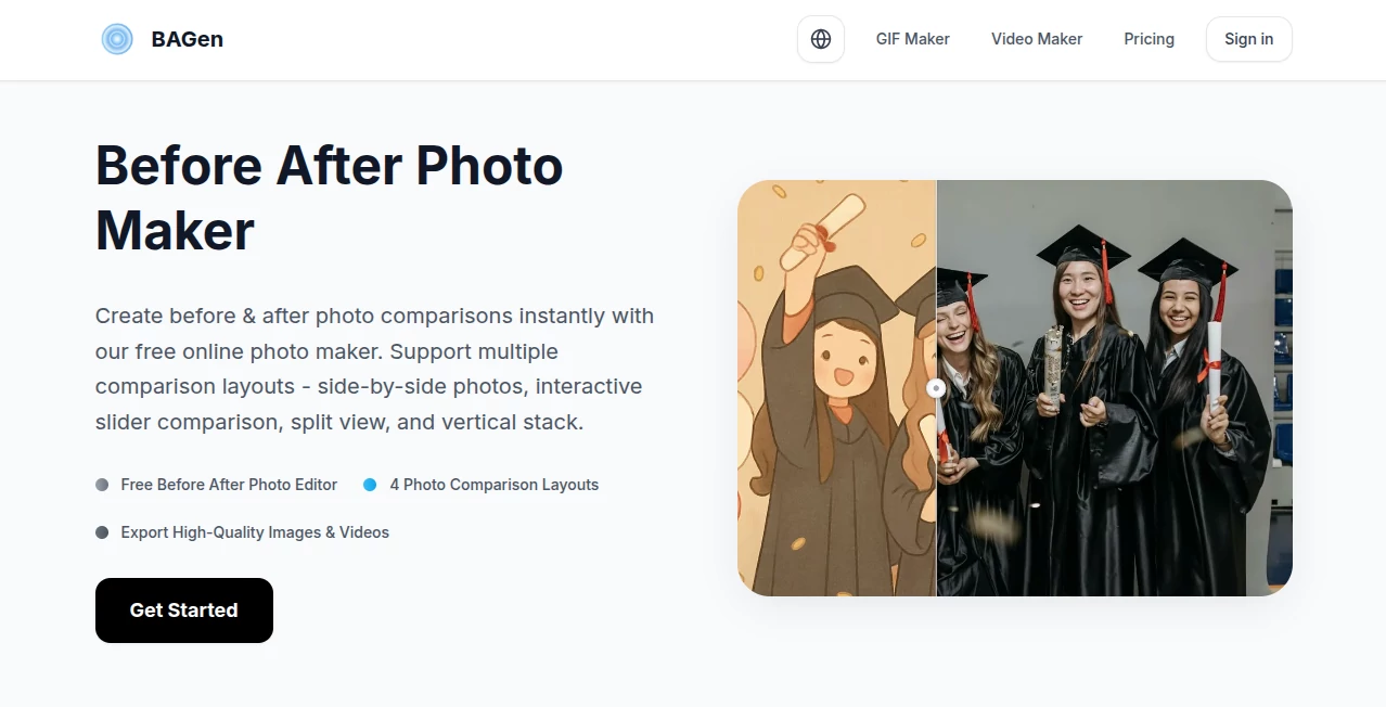 Screenshot of Before After Photo Maker – An AI tool in the ,Photo & Image Editor ,AI Photo Enhancer ,AI Design Generator ,AI Image to Image  category, showcasing its interface and key features.