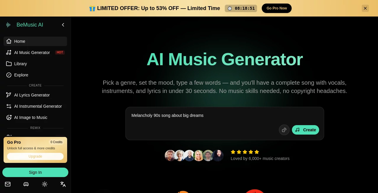 Screenshot of BeMusic AI – An AI tool in the ,AI Music Generator ,AI Voice & Audio Editing ,AI Voice Cloning ,AI Text to Music  category, showcasing its interface and key features.