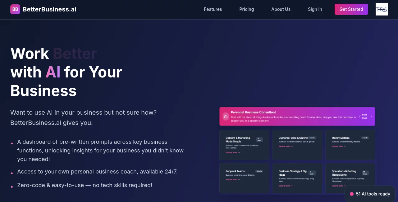 Screenshot of Better Business – An AI tool in the ,AI Research Tool ,AI Business Ideas Generator ,AI Consulting Assistant ,AI Marketing Plan Generator  category, showcasing its interface and key features.