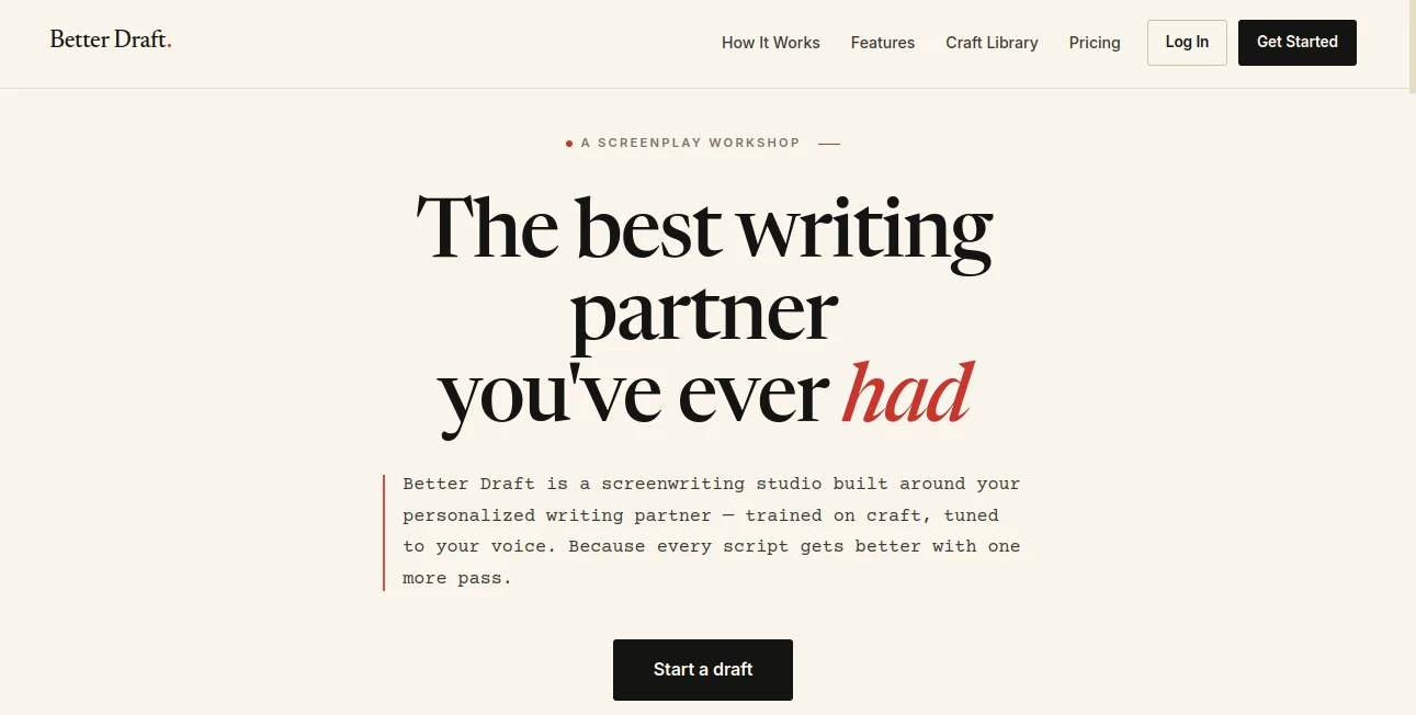 Screenshot of Better Draft – An AI tool in the ,AI Creative Writing ,AI Script Writing ,AI Story Writing ,AI Writing Assistants  category, showcasing its interface and key features.
