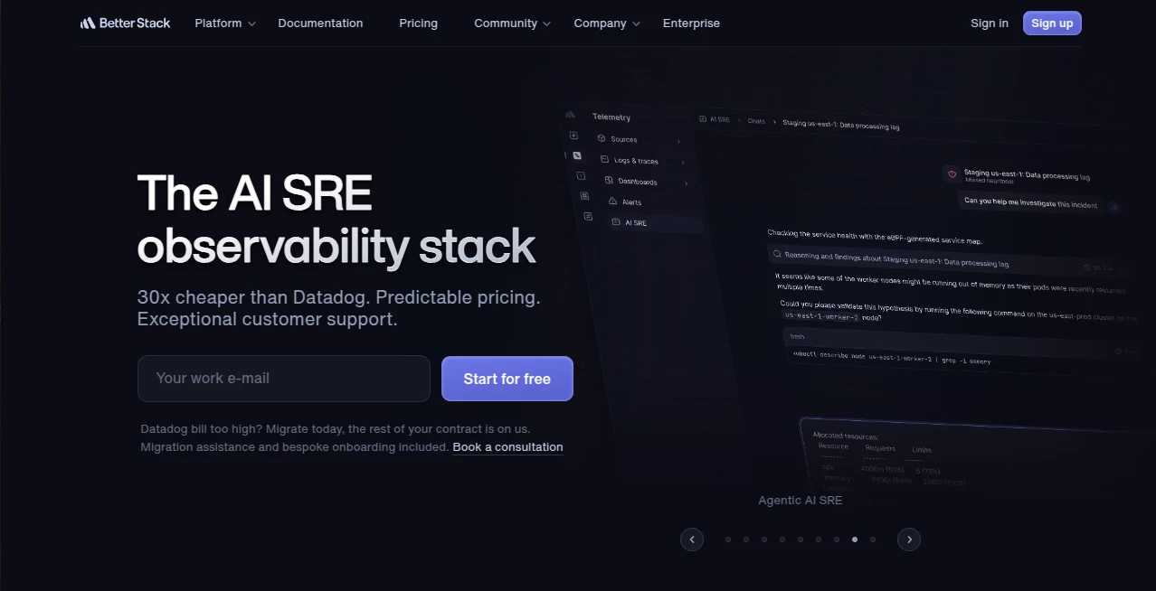 Screenshot of Better Stack – An AI tool in the ,AI DevOps Assistant ,AI Monitor & Report Builder ,AI Log Management ,AI Developer Tools  category, showcasing its interface and key features.