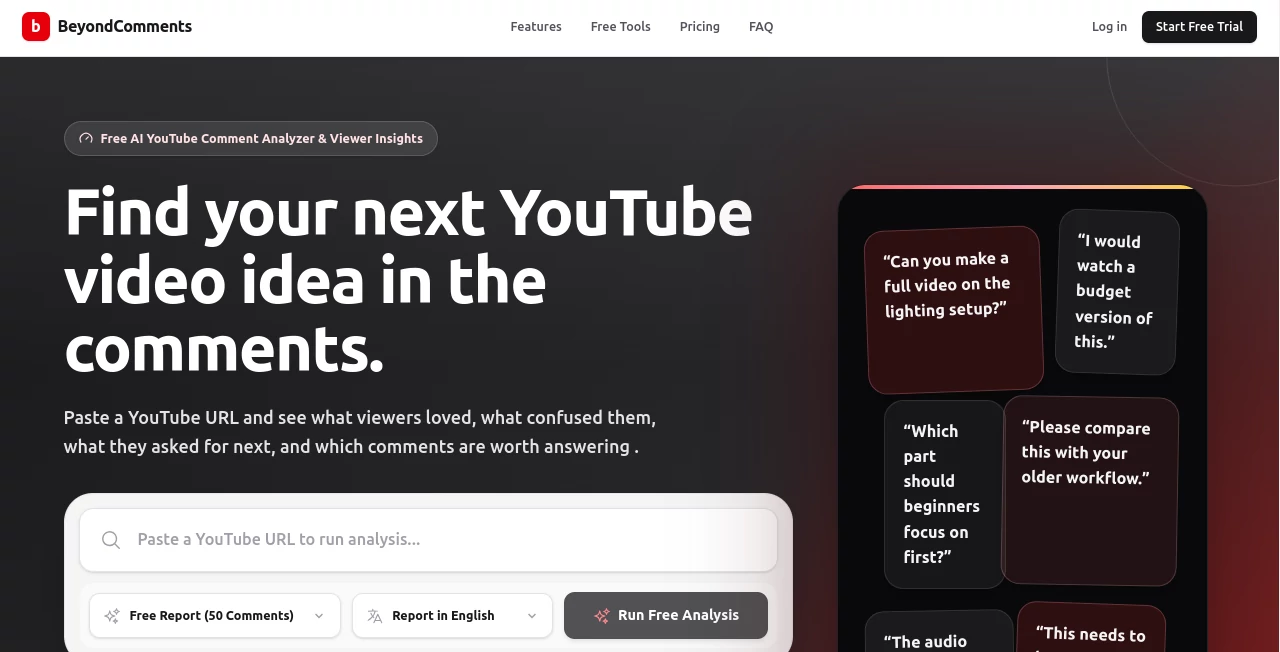 Screenshot of BeyondComments – An AI tool in the ,AI Research Tool ,AI YouTube Assistant ,AI Analytics Assistant ,AI Response Generator  category, showcasing its interface and key features.