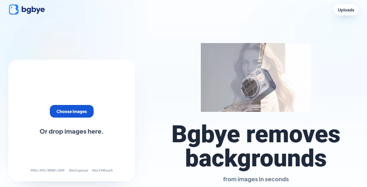 Screenshot of BGBye – An AI tool in the ,Photo & Image Editor ,AI Background Remover  category, showcasing its interface and key features.