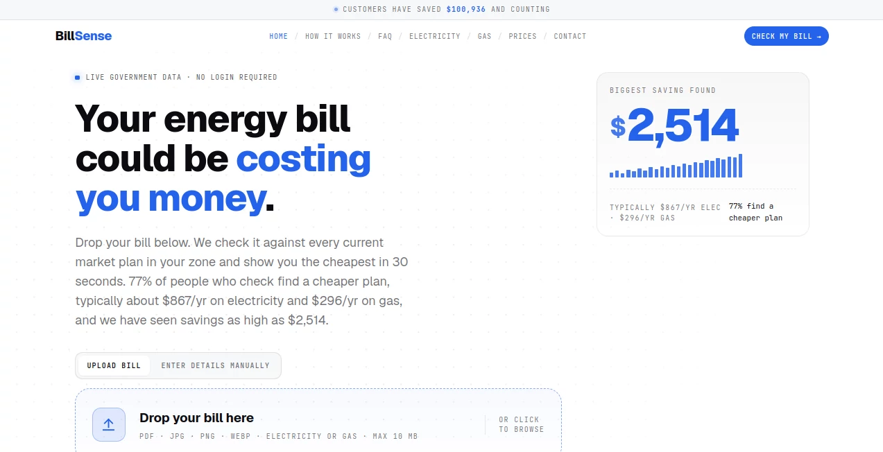 Screenshot of BillSense – An AI tool in the ,Other  category, showcasing its interface and key features.