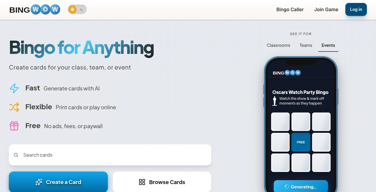 Screenshot of BingWow – An AI tool in the ,AI Fun Tools ,AI Game ,AI Education Assistant ,AI Team Collaboration  category, showcasing its interface and key features.