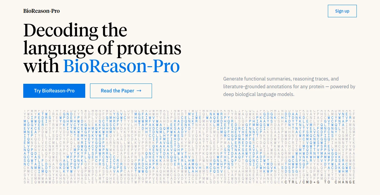 Screenshot of BioReason-Pro – An AI tool in the ,Github Repos ,AI Research Tool ,Large Language Models (LLMs)  category, showcasing its interface and key features.