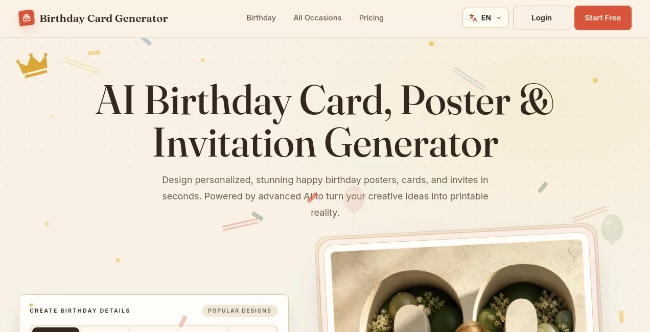 Screenshot of Birthday Card Generator – An AI tool in the ,AI Photo & Image Generator ,AI Poster Generator ,AI Writing Assistants  category, showcasing its interface and key features.