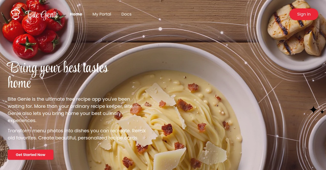 Screenshot of Bite Genie – An AI tool in the ,AI Recipe Assistant ,AI Life Assistant ,AI Content Generator ,AI Research Tool  category, showcasing its interface and key features.